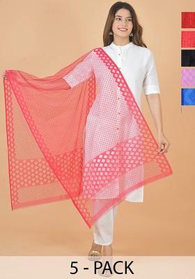 Maroon Poly Blend Selection Of 5 Geometric Woven Design Dupattas