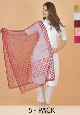 White Poly Blend Selection Of 5 Geometric Woven Design Dupatta