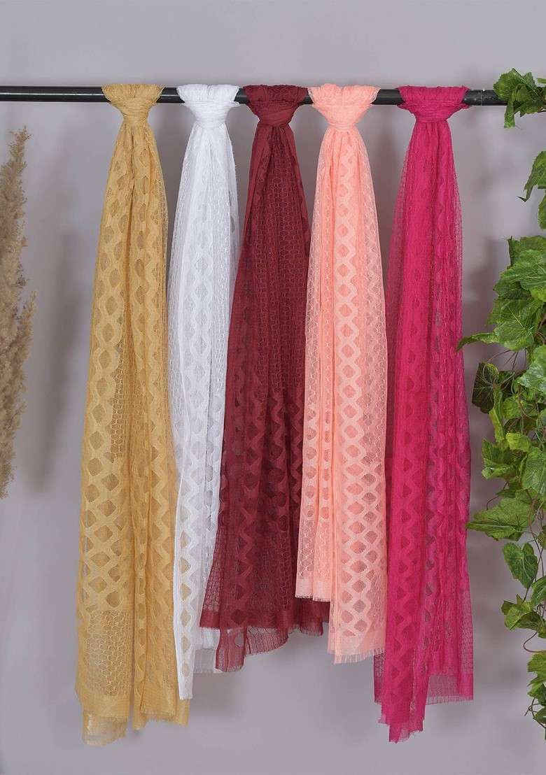 White Poly Blend Selection Of 5 Geometric Woven Design Dupatta - Indya