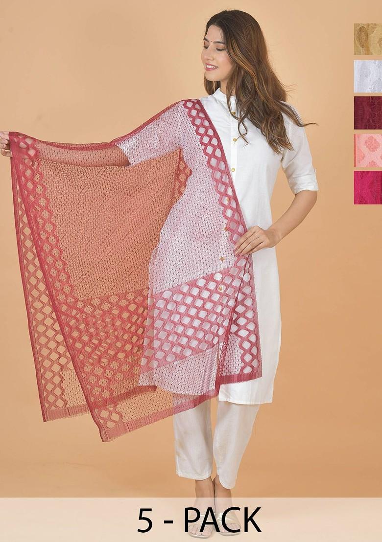 White Poly Blend Selection Of 5 Geometric Woven Design Dupatta
