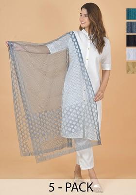 White Poly Blend Selection Of 5 Geometric Woven Design Dupatta