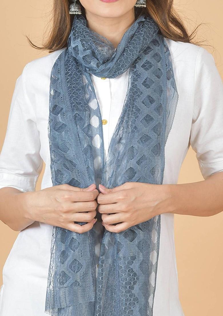 White Poly Blend Selection Of 5 Geometric Woven Design Dupatta