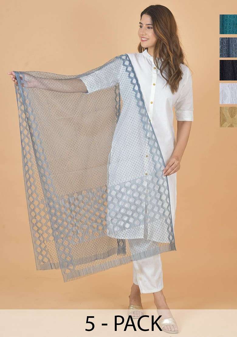 White Poly Blend Selection Of 5 Geometric Woven Design Dupatta - Indya
