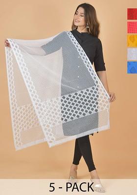 Red Poly Blend Selection Of 5 Geometric Woven Design Dupatta