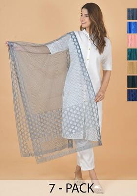 Grey Poly Blend Selection Of 7 Geometric Woven Design Dupatta