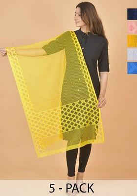 Yellow Poly Blend Selection Of 5 Geometric Woven Design Dupatta