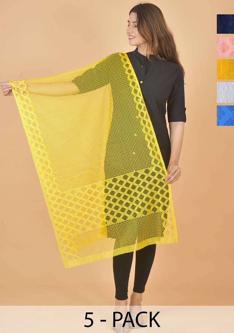 Yellow Poly Blend Selection Of 5 Geometric Woven Design Dupatta - Indya