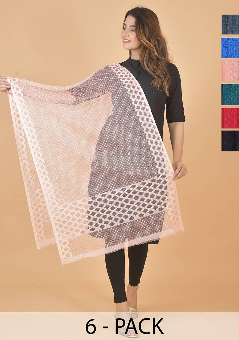 Red Poly Blend Selection Of 7 Geometric Woven Design Dupattas