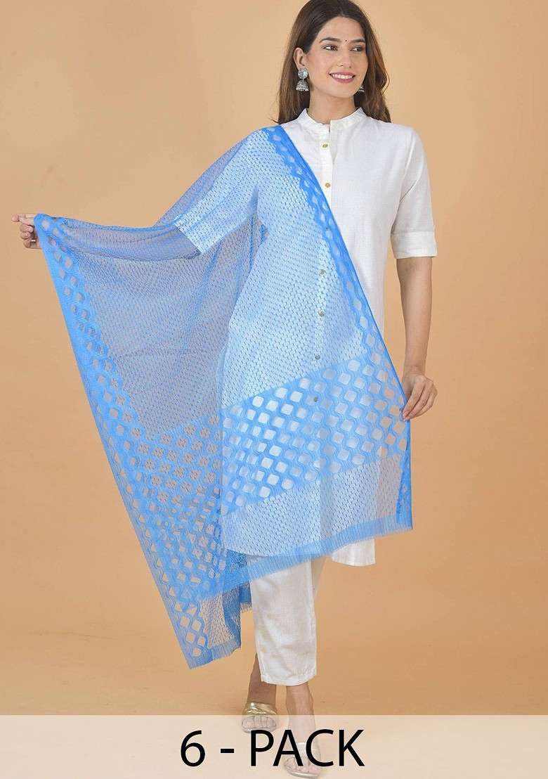 Blue Poly Blend Selection Of 6 Geometric Woven Design Dupatta - Indya