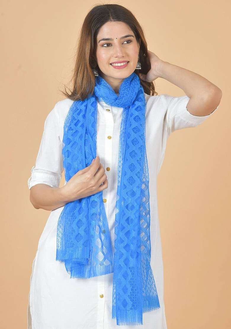 Blue Poly Blend Selection Of 6 Geometric Woven Design Dupatta - Indya