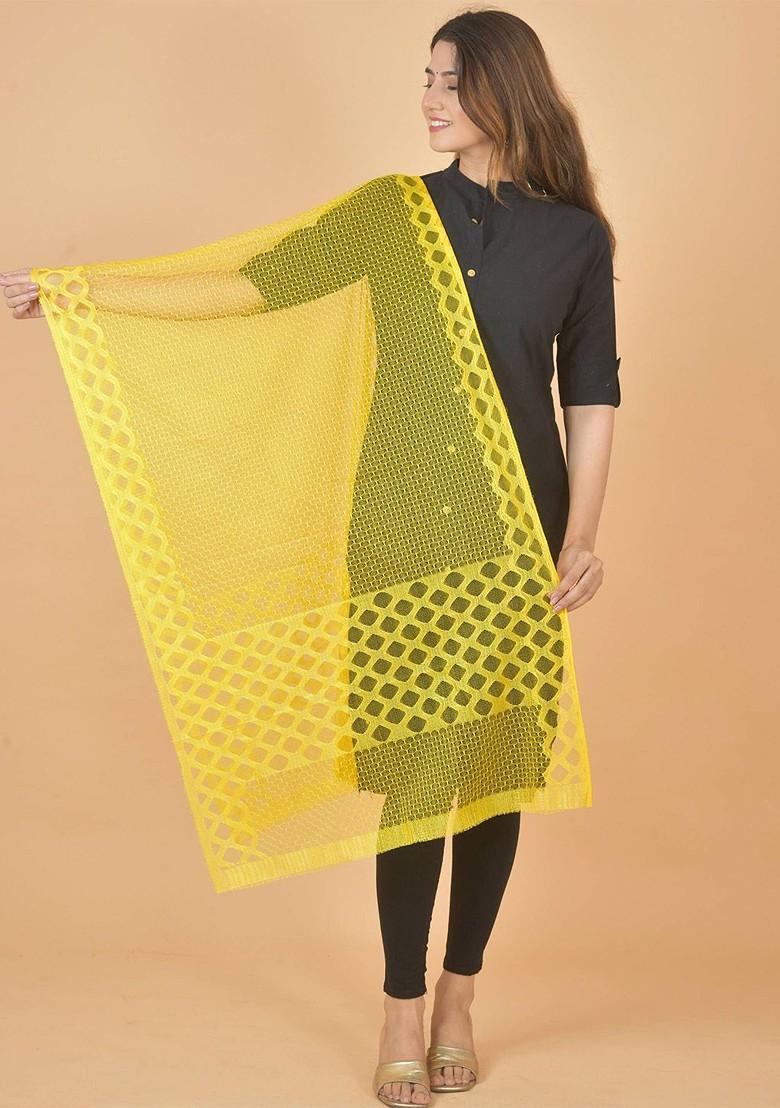 Yellow Poly Blend Selection Of 7 Geometric Woven Design Dupatta