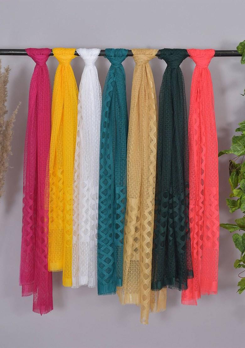 Yellow Poly Blend Selection Of 7 Geometric Woven Design Dupatta