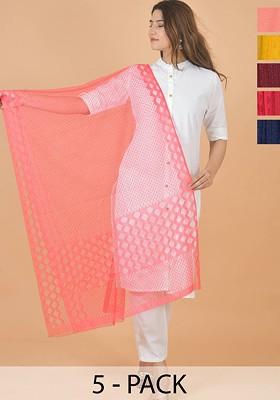 Peach Poly Blend Selection Of 5 Geometric Woven Design Dupattas