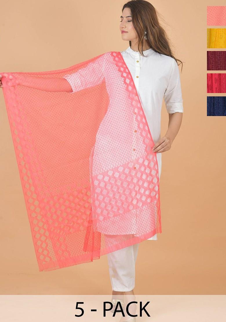 Peach Poly Blend Selection Of 5 Geometric Woven Design Dupattas