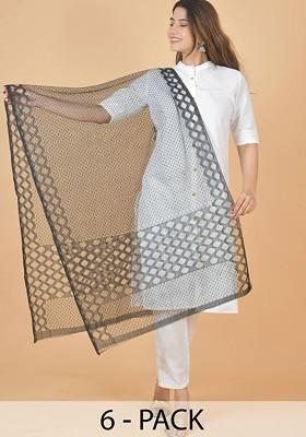 Black Poly Blend Selection Of 6 Geometric Woven Design Dupattas