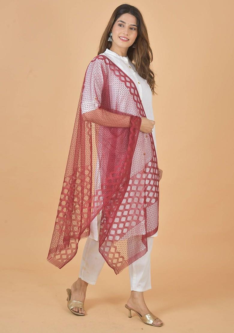 Maroon Poly Blend Selection Of 5 Geometric Woven Design Dupatta