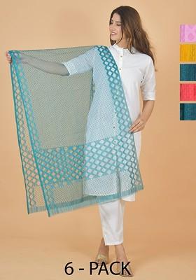 Pink Poly Blend Selection Of 6 Geometric Woven Design Dupatta