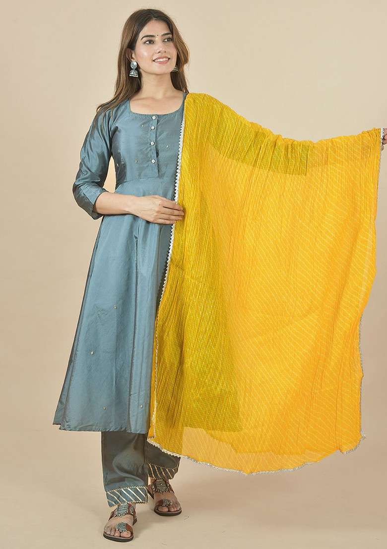 Yellow Poly Blend Leheriya Printed Dupatta - Indya