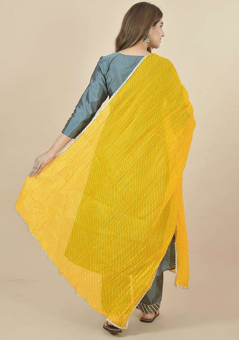 Yellow Poly Blend Leheriya Printed Dupatta - Indya