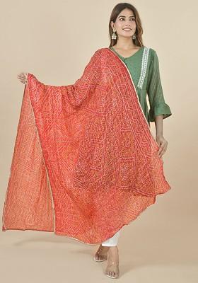 Red Poly Blend Bandhani Printed Dupatta With Zari