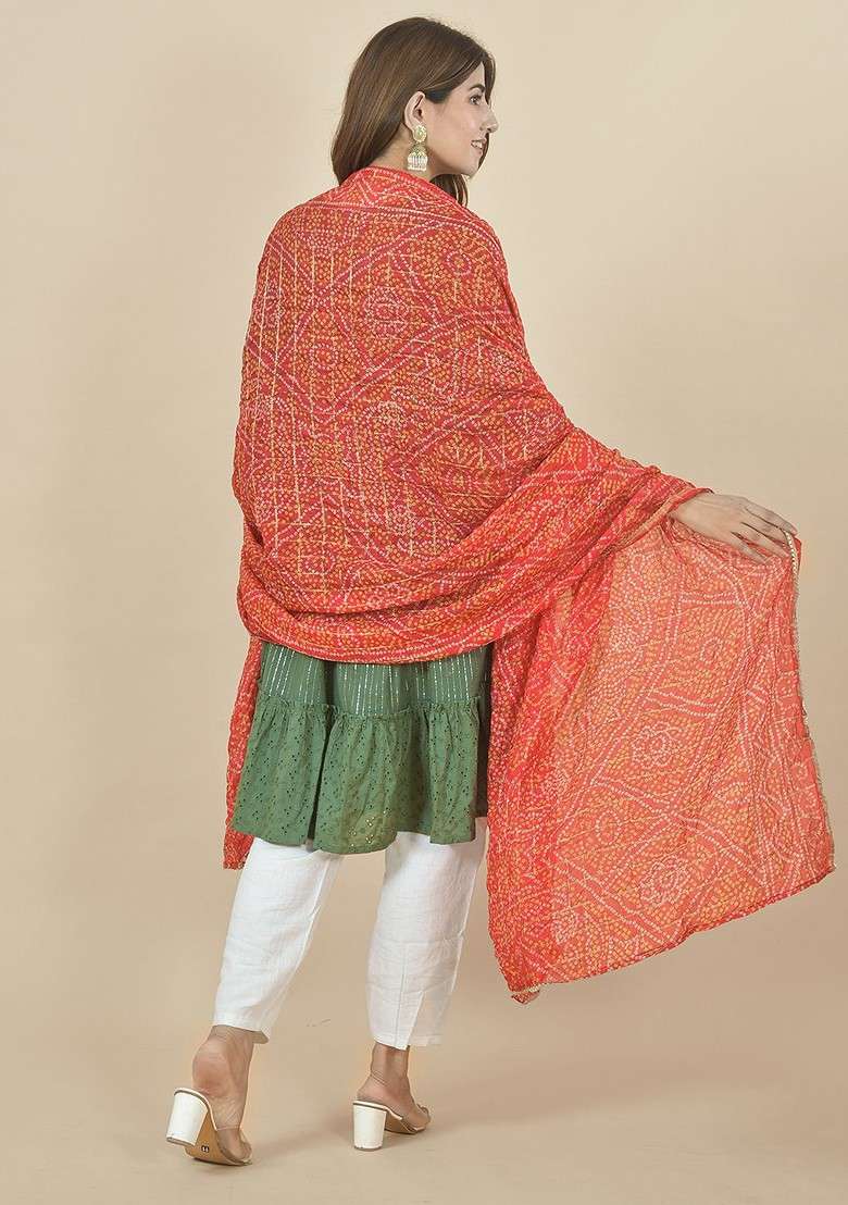 Red Poly Blend Bandhani Printed Dupatta With Zari - Indya