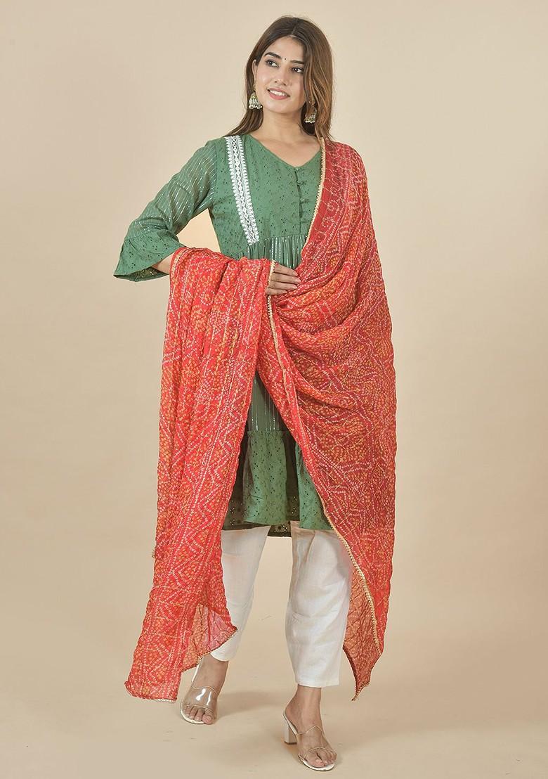 Red Poly Blend Bandhani Printed Dupatta With Zari