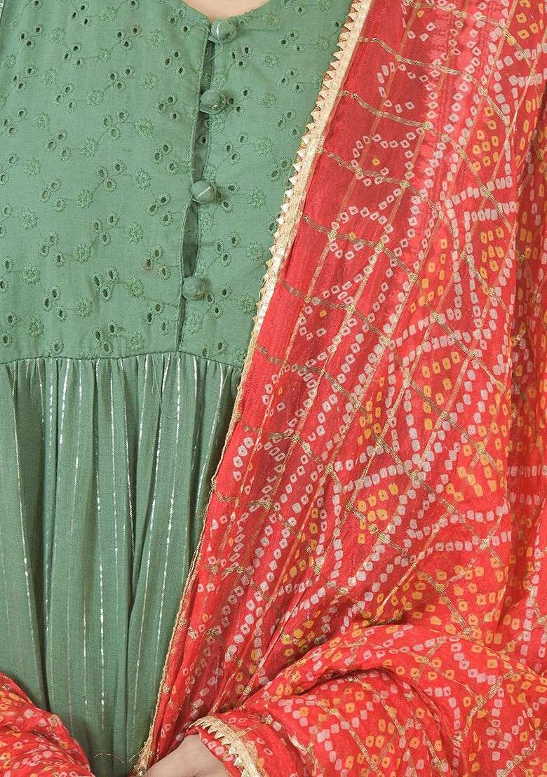 Red Poly Blend Bandhani Printed Dupatta With Zari - Indya