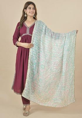 White Poly Blend Bandhani Printed Zari Art Silk Dupatta