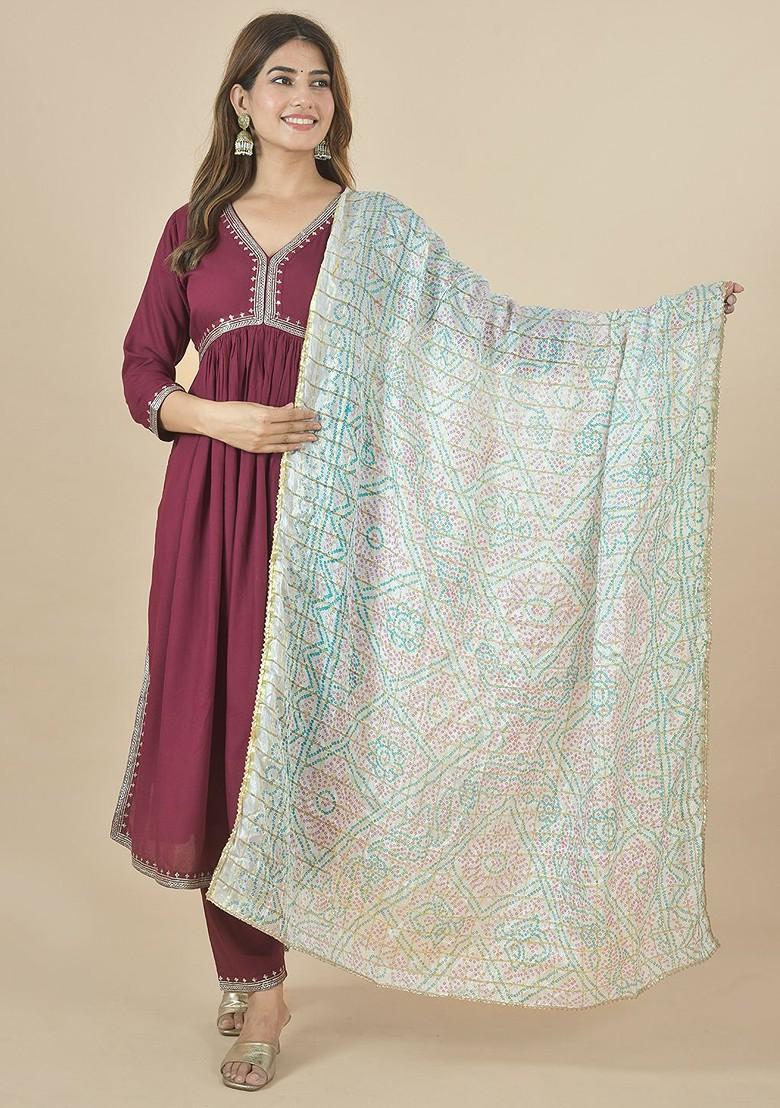 White Poly Blend Bandhani Printed Zari Art Silk Dupatta