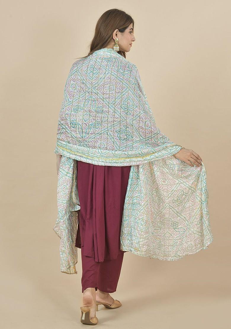 White Poly Blend Bandhani Printed Zari Art Silk Dupatta