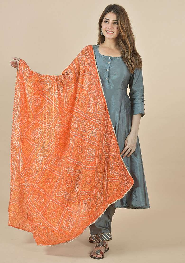 Orange Poly Blend Bandhani Printed Gotta Patti Dupatta - Indya