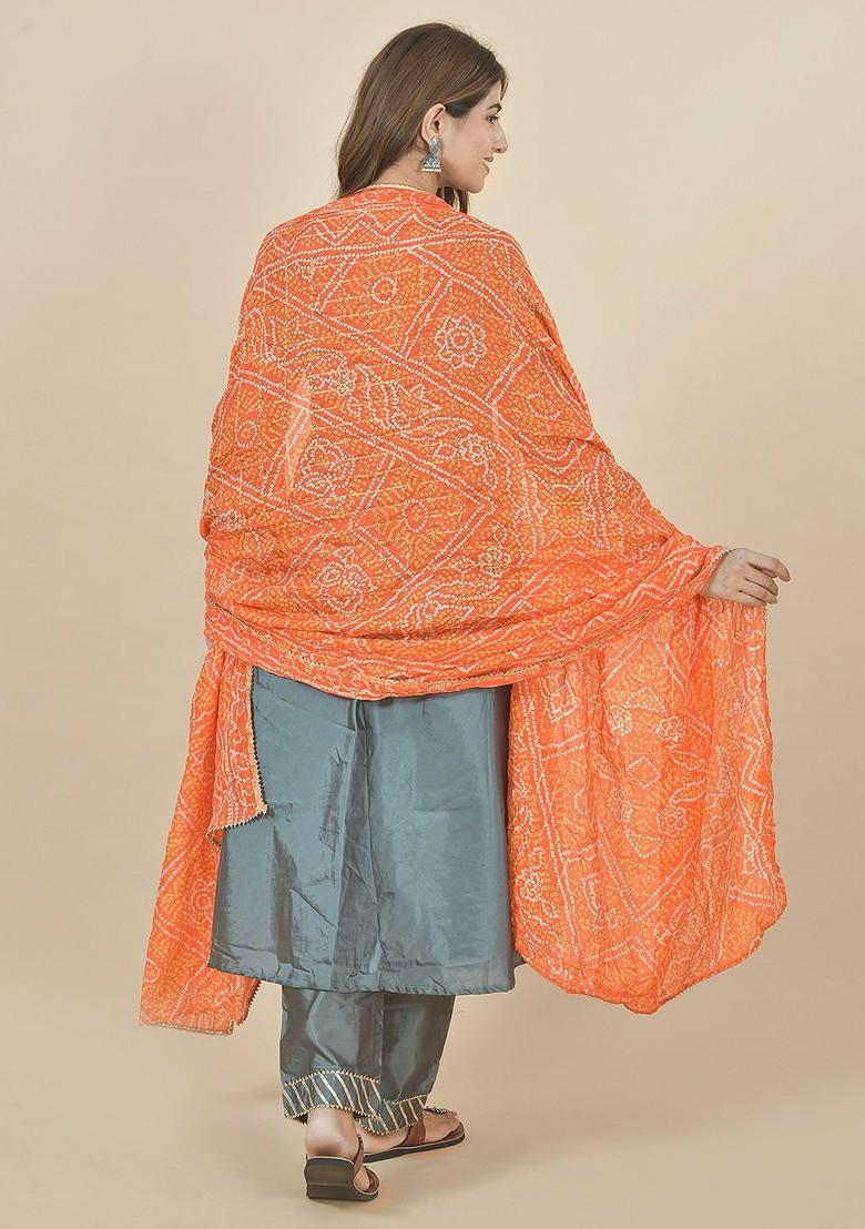 Orange Poly Blend Bandhani Printed Gotta Patti Dupatta