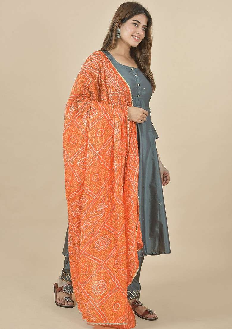 Orange Poly Blend Bandhani Printed Gotta Patti Dupatta - Indya