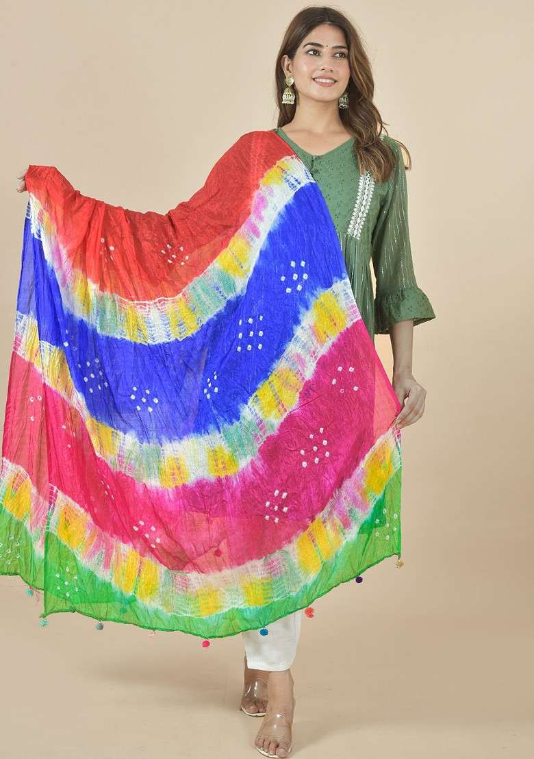 Blue Poly Blend Leheriya Printed Tie And Dye Dupatta - Indya