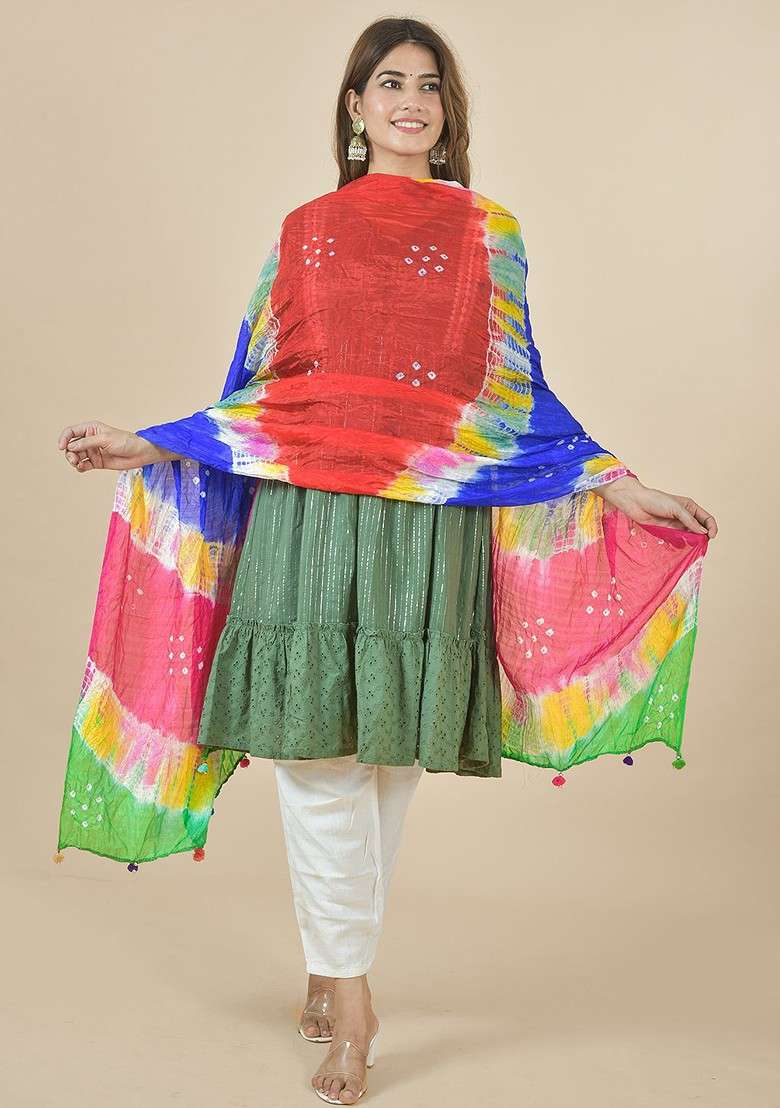 Blue Poly Blend Leheriya Printed Tie And Dye Dupatta - Indya