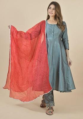 Red Poly Blend Leheriya Printed Kota Doriya White Dupattas