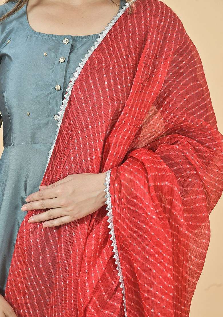 Red Poly Blend Leheriya Printed Kota Doriya White Dupattas - Indya