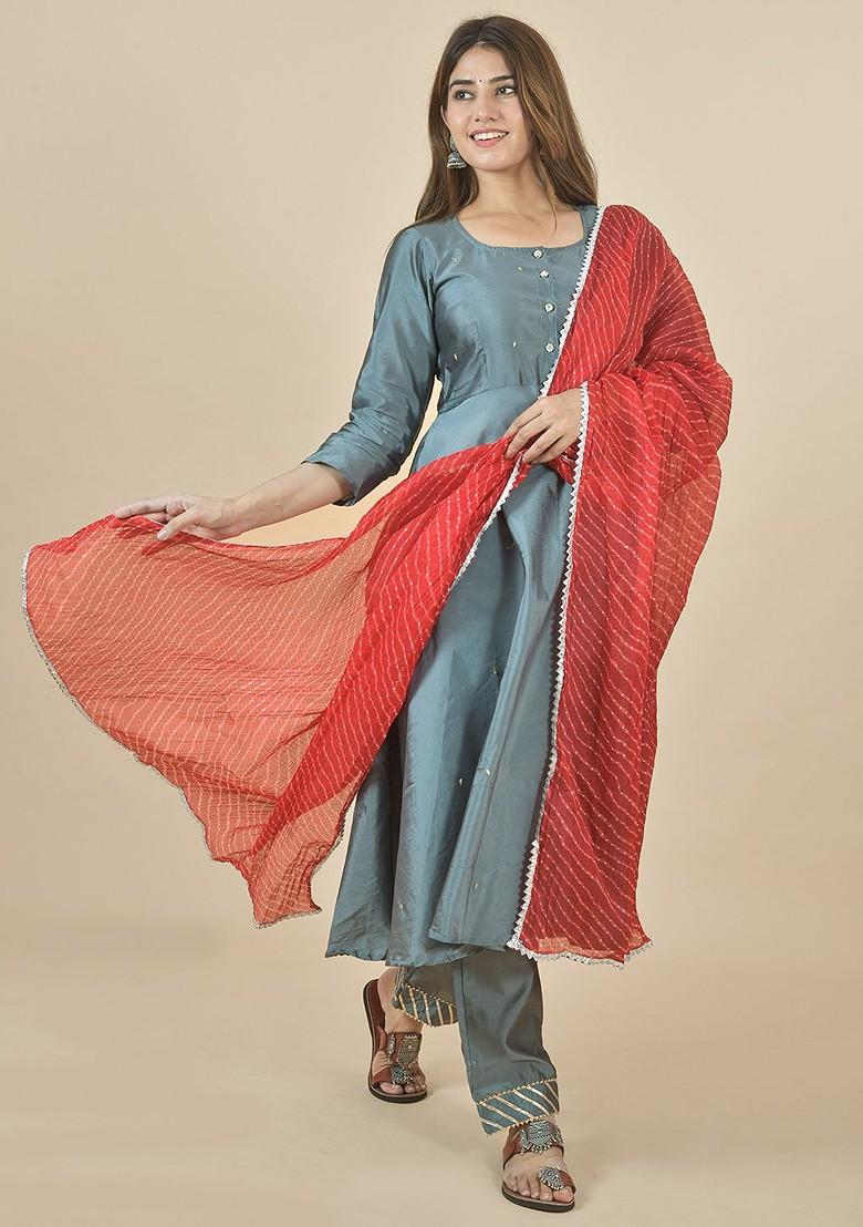 Red Poly Blend Leheriya Printed Kota Doriya White Dupattas