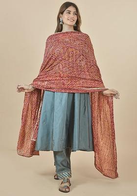 Maroon Poly Blend Bandhani Printed Gotta Patti Dupatta