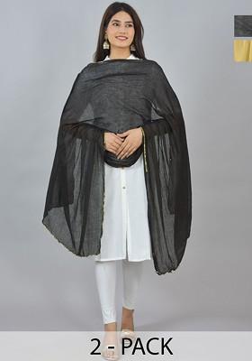 Beige Poly Blend Pack Of 2 White Dupattas