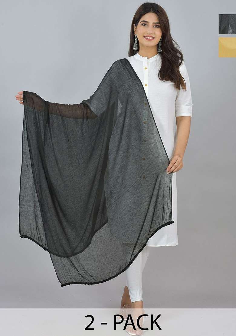 Beige Poly Blend Pack Of 2 White Dupattas - Indya