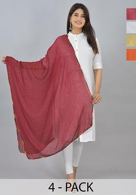 Orange Poly Blend Selection Of 4 White Dupattas