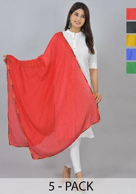 Green Poly Blend Pack Of 5 Whitetaping Border Dupatta