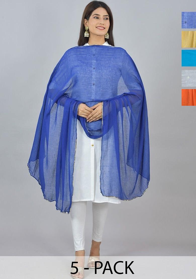 Blue Poly Blend Pack Of 5 White Dupattas