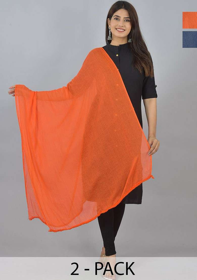 Blue Poly Blend Pack Of 2 White Dupattas - Indya