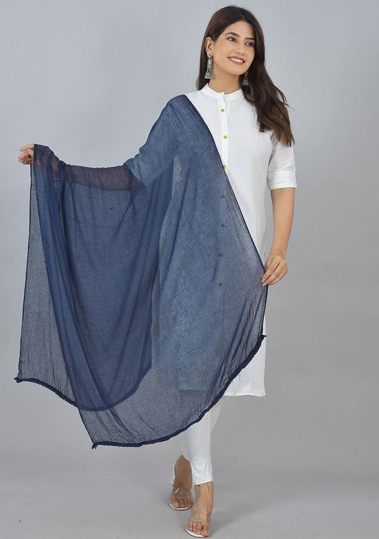 Blue Poly Blend Pack Of 2 White Dupattas