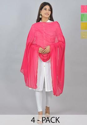 Yellow Poly Blend Pack Of 4 White Dupattas