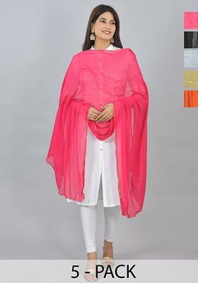 Yellow Poly Blend Pack Of 6 White Dupattas