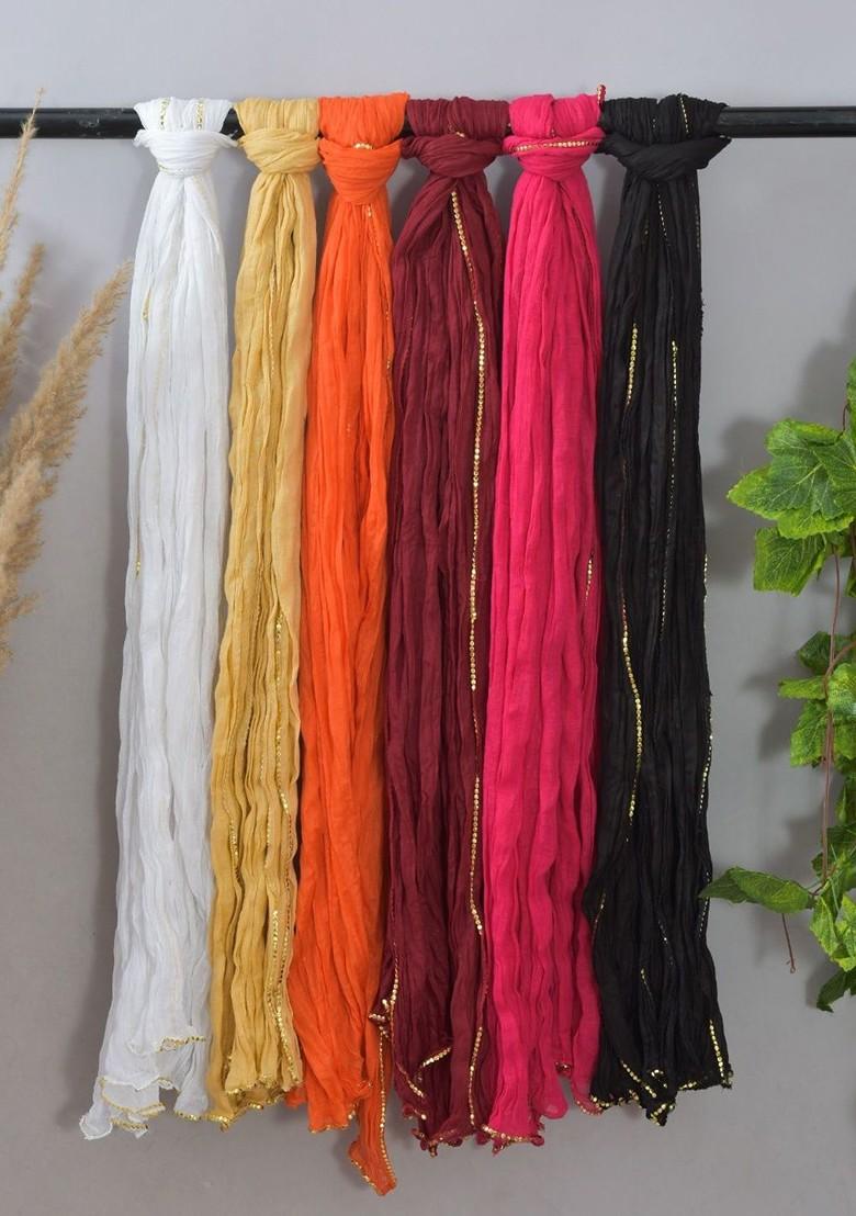 Yellow Poly Blend Pack Of 6 White Dupattas