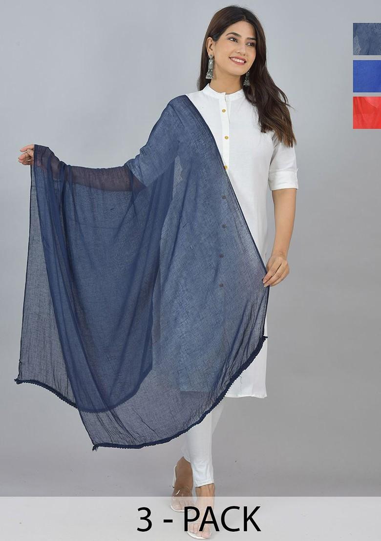 Orange Poly Blend Pack Of 3 White Dupattas